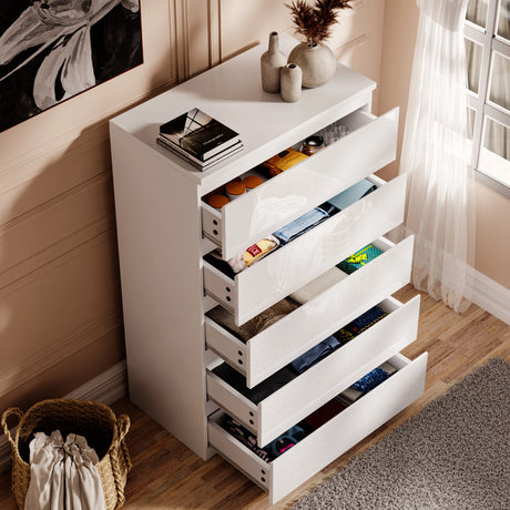 High Gloss Tall Chest of Drawers - 5 Drawer Chest Bedroom Drawers