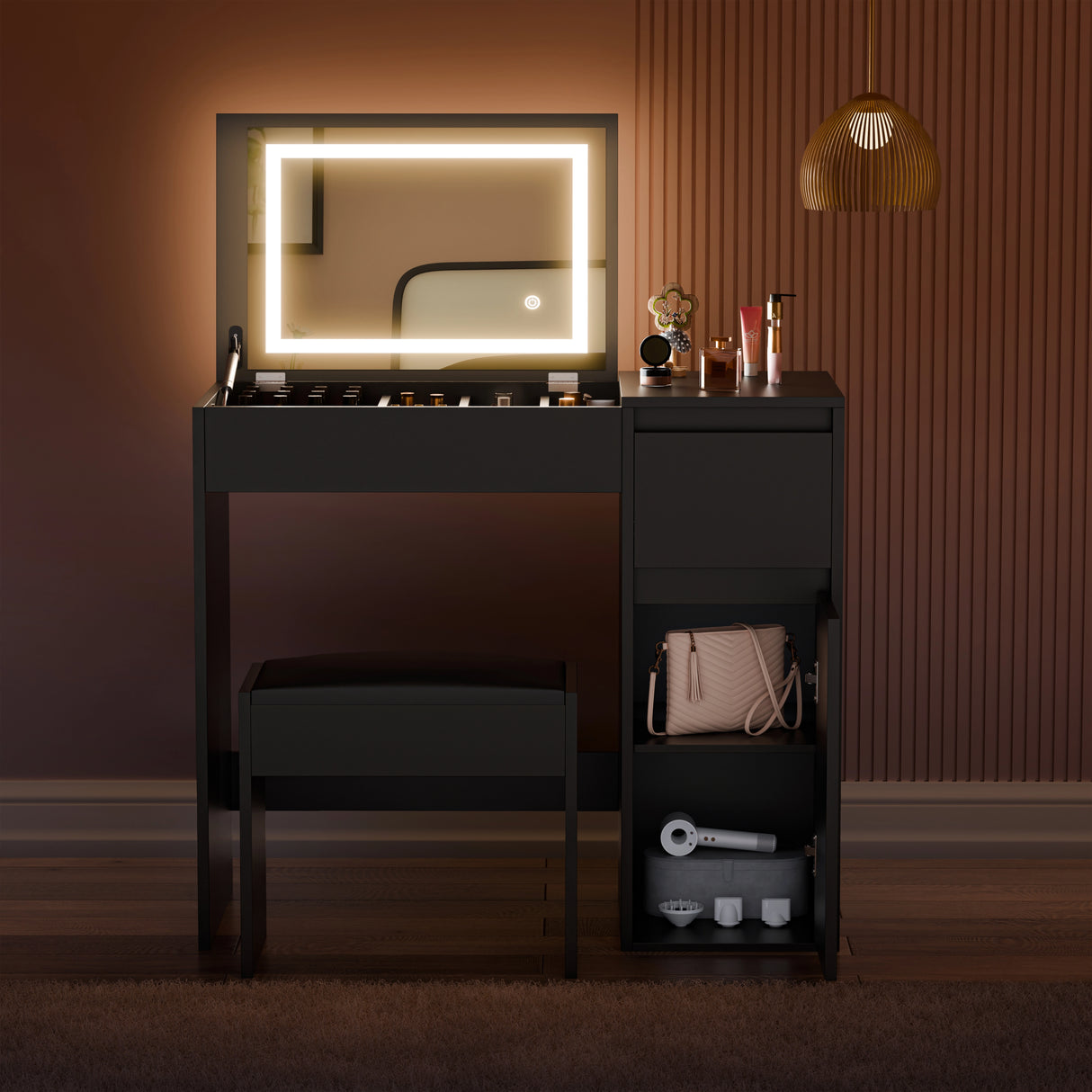 Small Dressing Table with Mirror and Lights, Stool - Makeup Vanity Desk