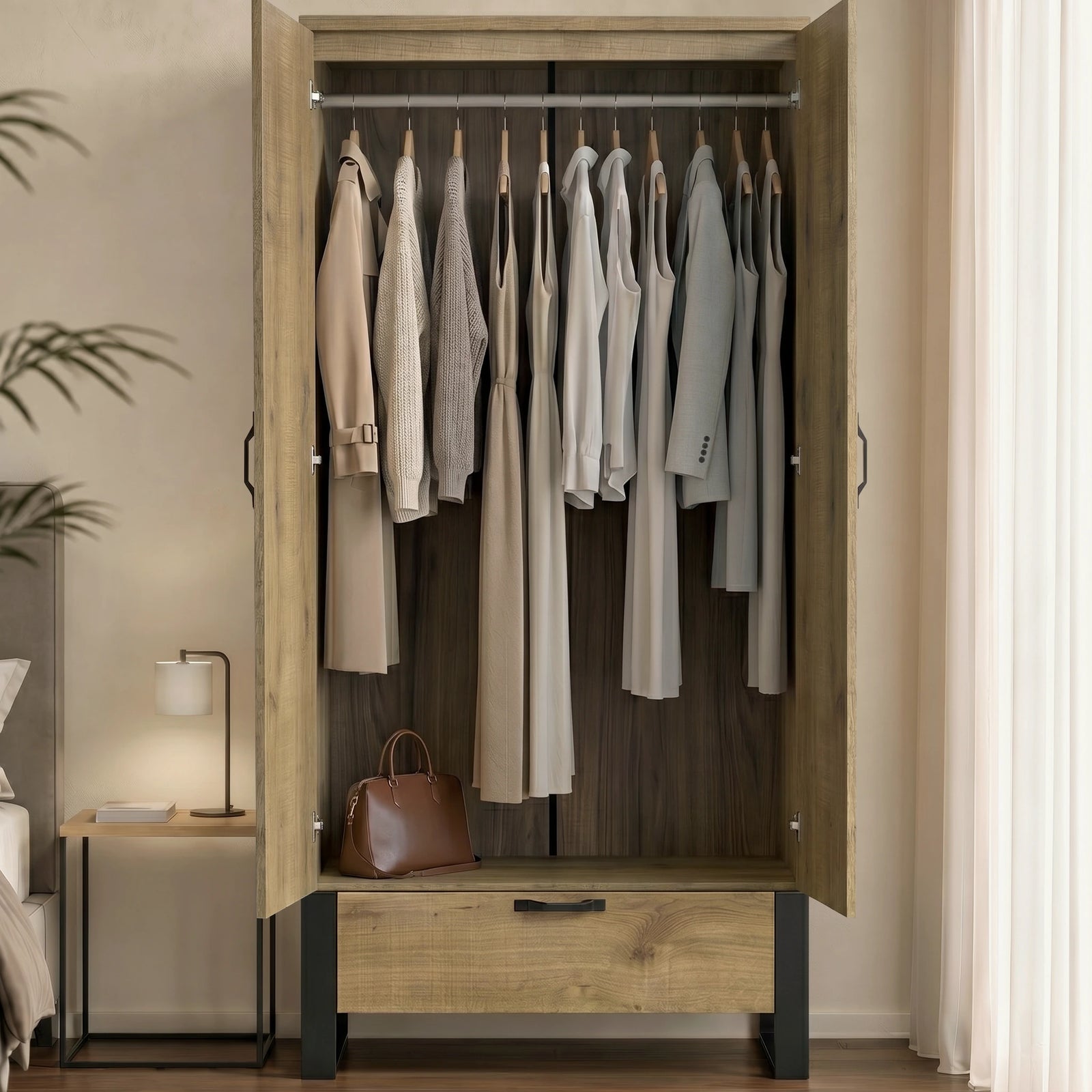 Industrial 2 Door Wardrobe with Drawer Oak Finish