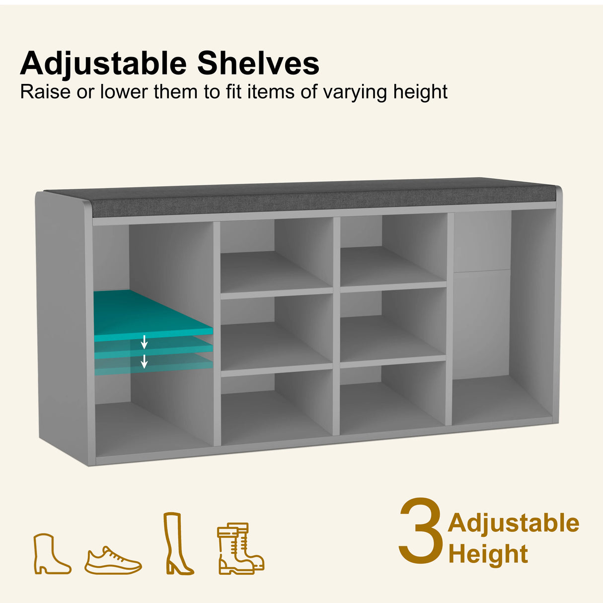 Hallway Shoe Storage Bench With Cushion & Adjustable Shelves