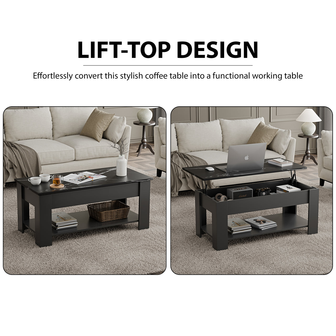 Lift top Coffee Table with Storage | Lift up Center Table 100cm Wide