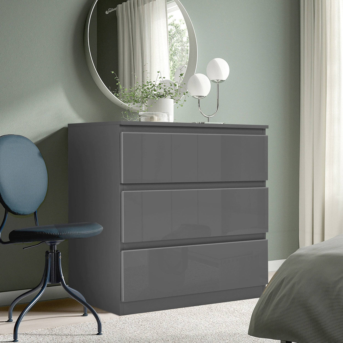 Blisswood Dark Grey Chest of Drawers - High Gloss Drawers 3-drawer unit styled in a bedroom, offering modern storage with a glossy finish.