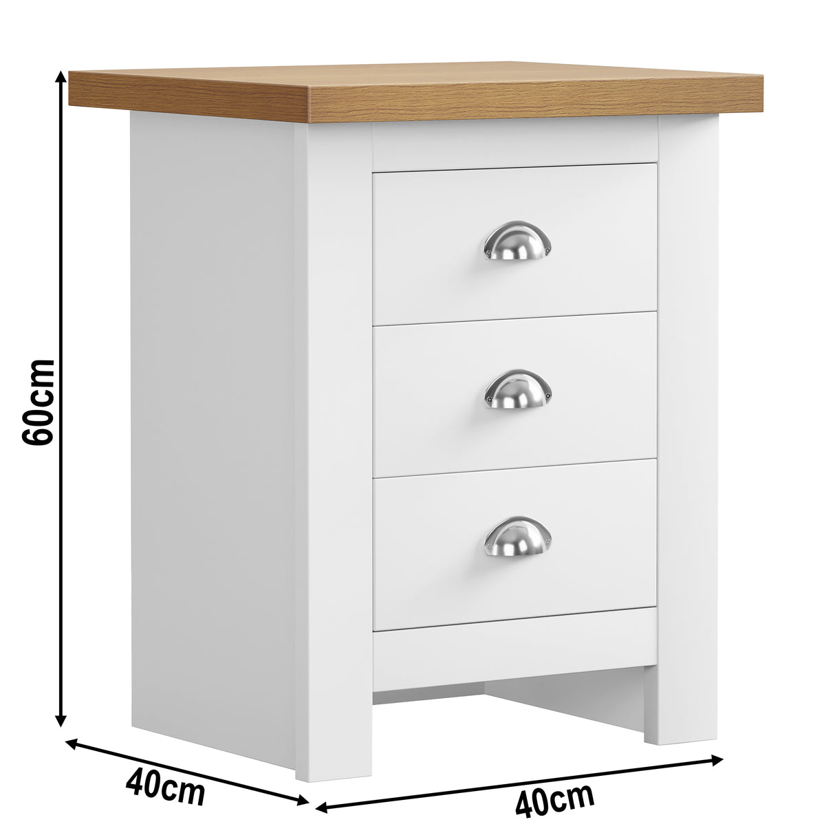 3 drawer wide bedside table, 60cm x 40cm x 40cm, offering ample storage and sleek design.