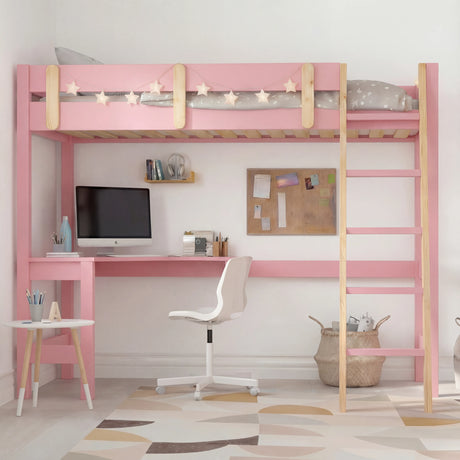 Bunk bed with desk - high sleeper loft bed frame for kids in pink wood finish, featuring a built-in study desk, ladder, and star-themed safety rails.