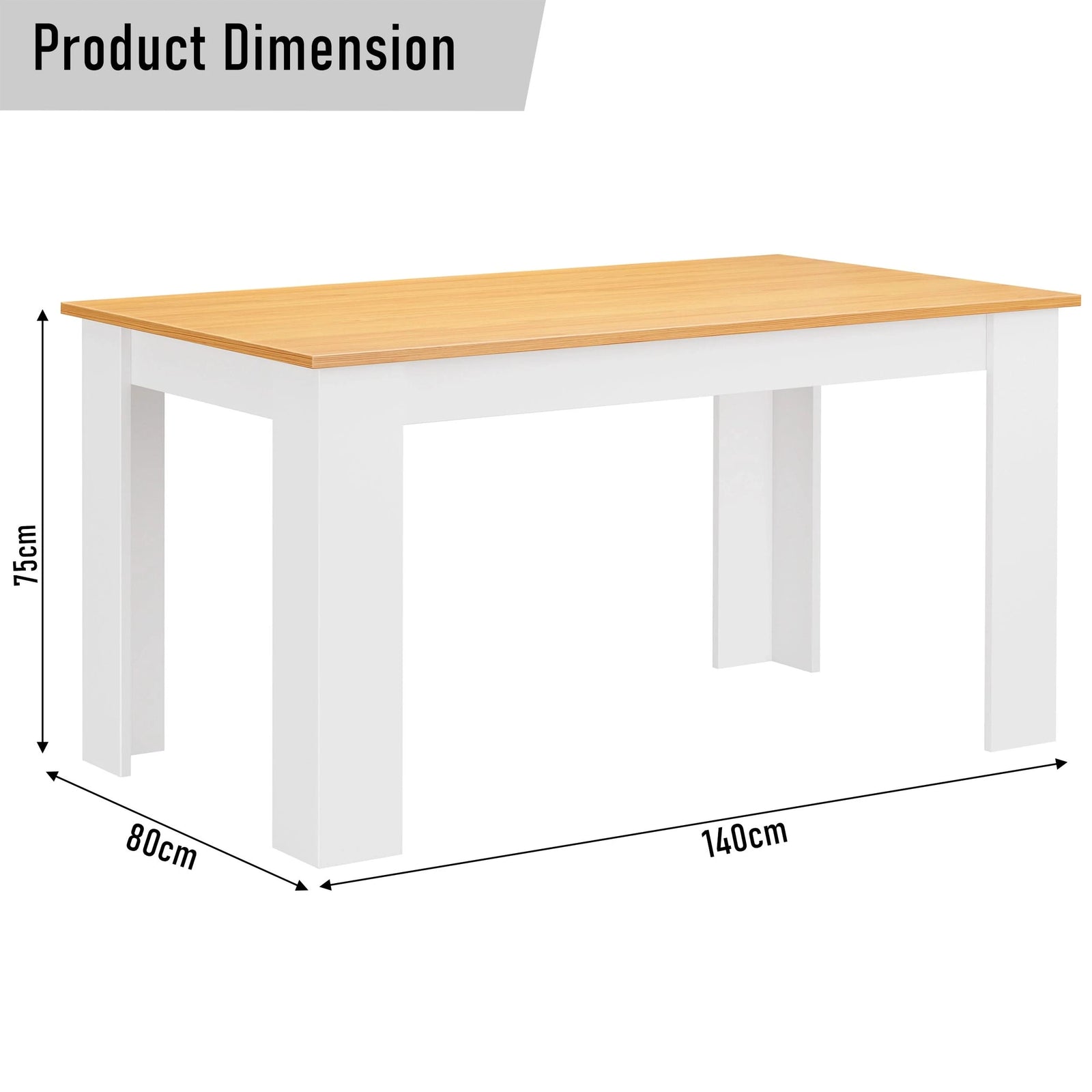 [Oak+White] dimension diagram of oak top white leg dining table at 140cm x 80cm x 75cm