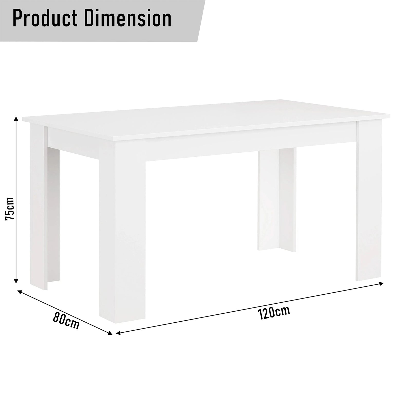 [White] dimension diagram of white 4 and 6 seater dining table at 120cm x 80cm x 75cm