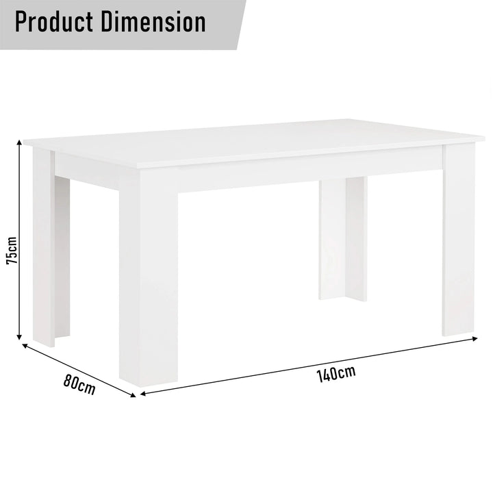 [White] dimension diagram of white 4 and 6 seater dining table showing 140cm width 80cm depth 75cm height