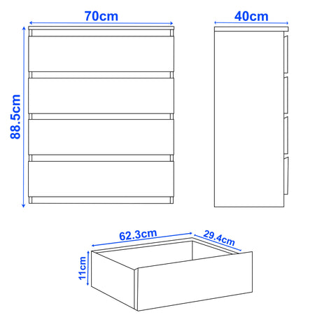 Dimensions of a kitchen cabinet with measurements in centimeters