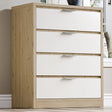 4 chest of drawers in a modern wooden finish with four drawers and metallic handles, shown in a bright room