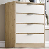 4 chest of drawers in a modern wooden finish with four drawers and metallic handles, shown in a bright room
