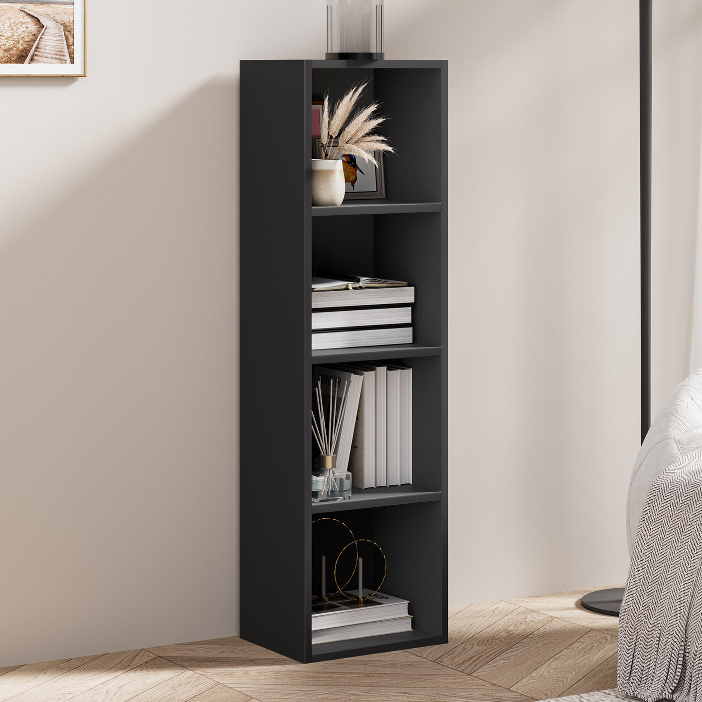Side view of black 4 Tier Bookcase Cube Storage Unit. Minimalist and functional design for compact storage.