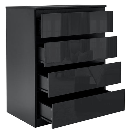 4 drawer black chest of drawers, providing spacious and modern storage with a sleek design.