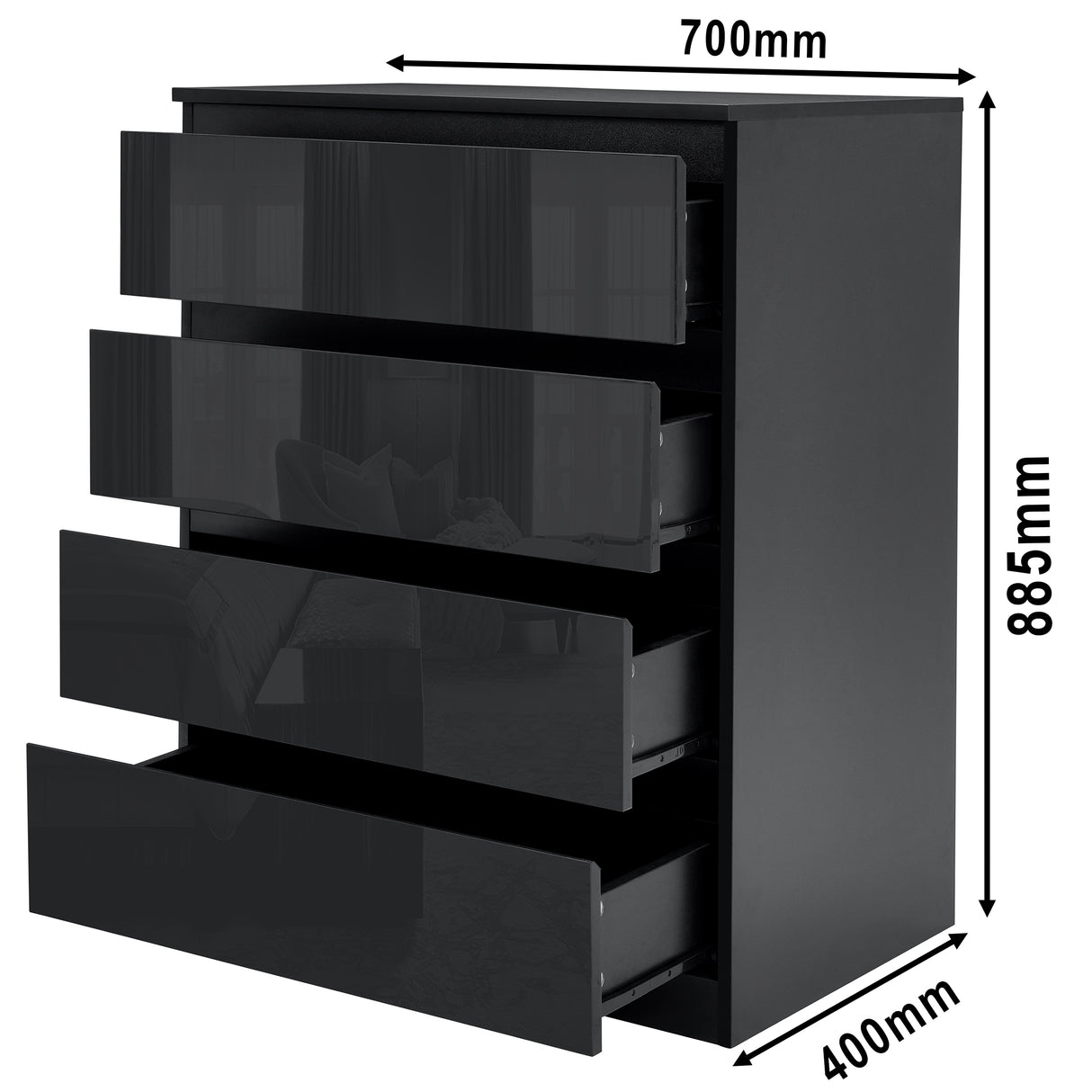 4-drawer chest of drawers in black gloss finish – sleek and modern design with detailed dimensions.