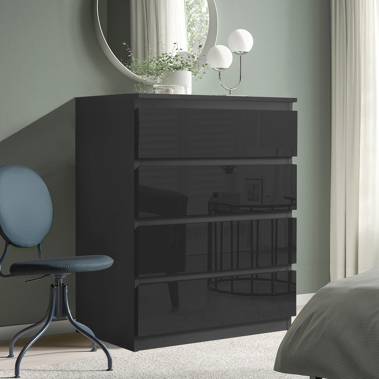 4 drawer chest of drawers black, offering stylish storage with a sleek and modern design.