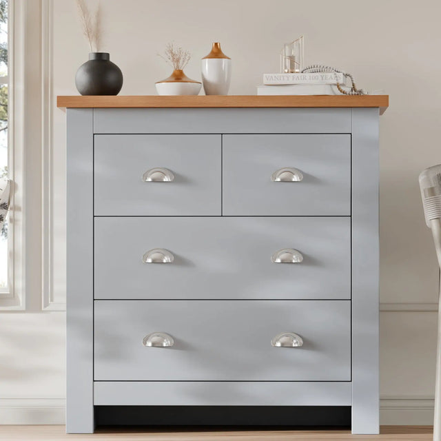 2 over 2 Chest of Drawers Bedroom | Chester Drawers in light grey with silver handles and oak top, ideal for compact bedroom storage.