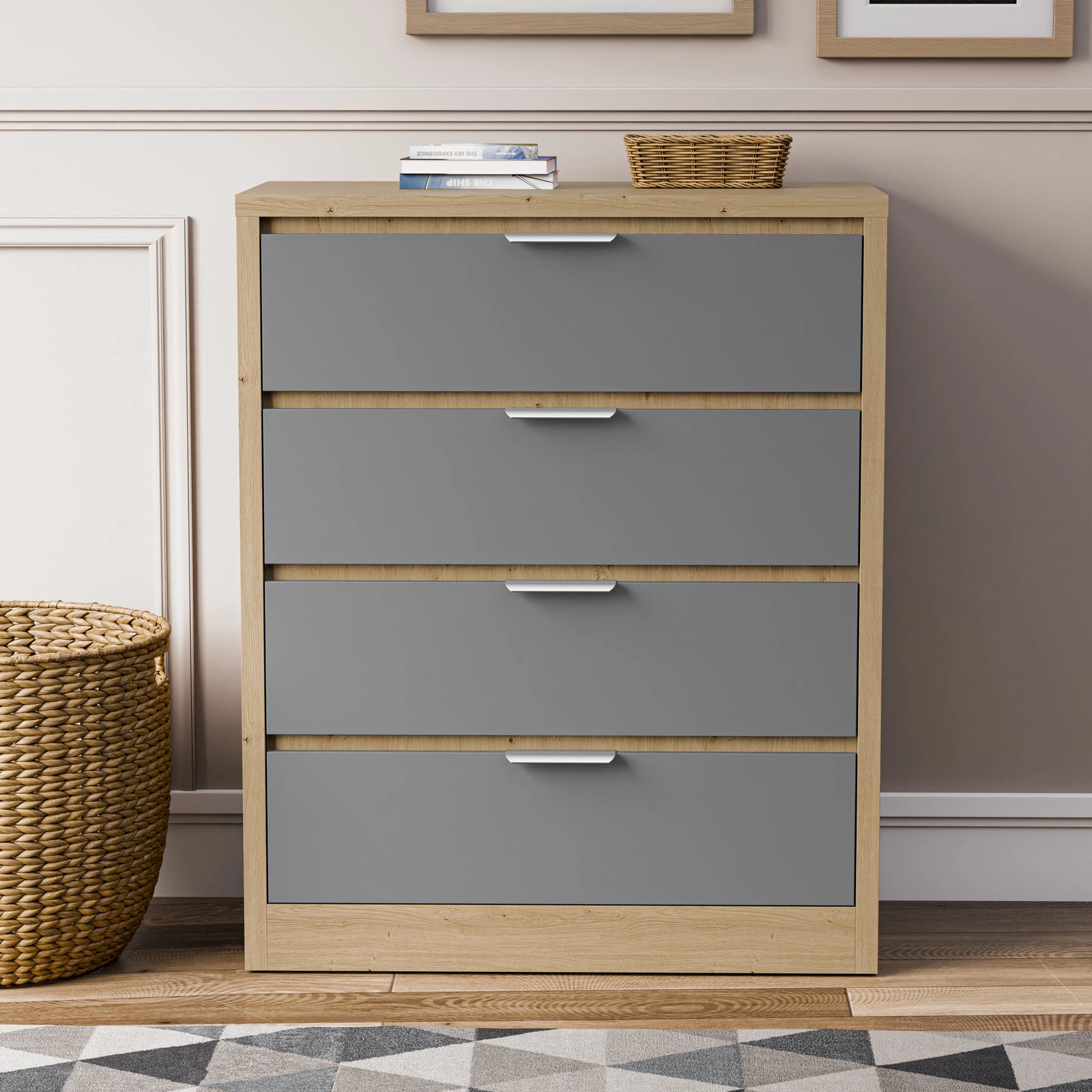 [Oak+Grey] 4 drawer chest of drawers in an oak and grey finish, displayed in a natural light room with metallic handles