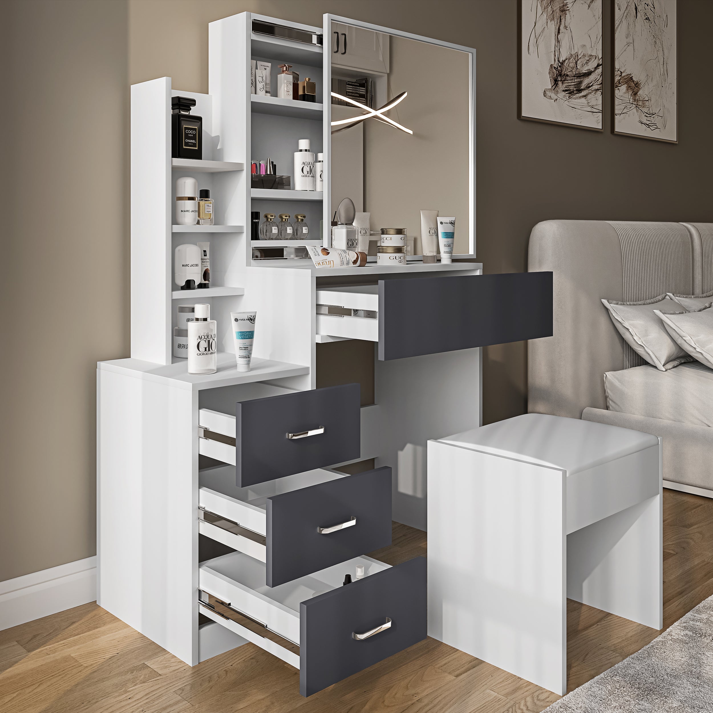 Modern 4 drawer dressing table with mirror and storage for bedroom organization