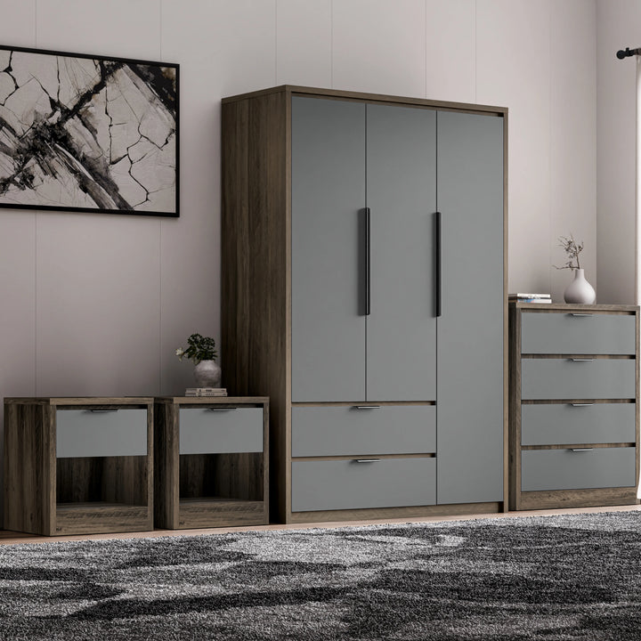 [Wooden Grey+Grey] Skova bundle: grey 3 door wardrobe, 4 drawer chest and two bedsides on dark wood