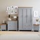 4 piece bedroom furniture sets grey includes bedside table, chest of drawers, and wardrobe.