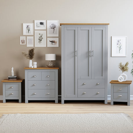 4 piece bedroom furniture sets grey includes bedside table, chest of drawers, and wardrobe.