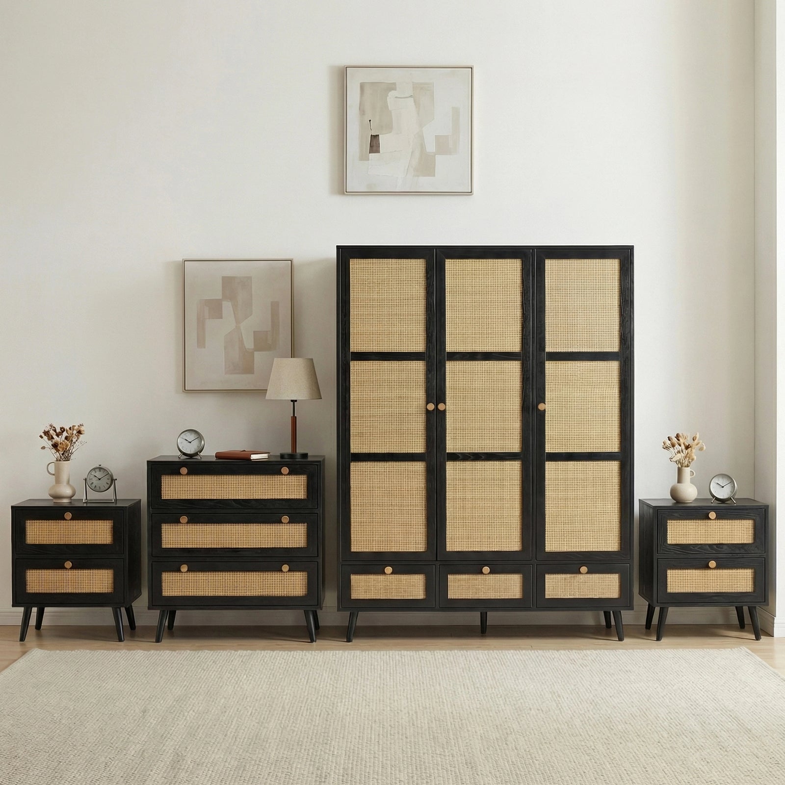 [Black] Wovena rattan bedroom furniture set with 3 door wardrobe, 3 drawer chest and two 2 drawer bedsides