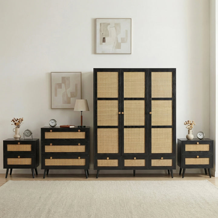[Black] Wovena rattan bedroom furniture set with 3 door wardrobe, 3 drawer chest and two 2 drawer bedsides
