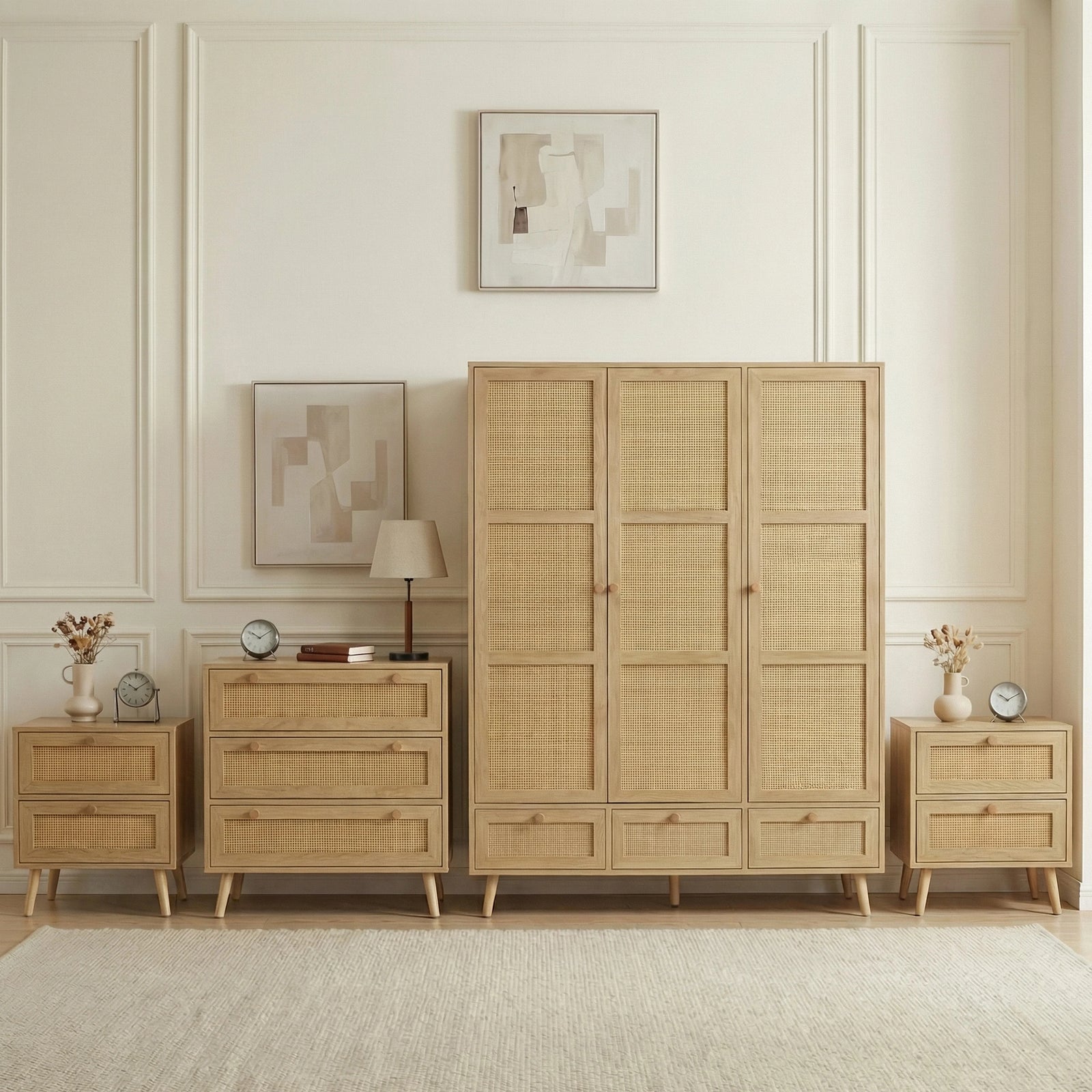 [Oak Effect] Wovena rattan bedroom furniture set with wardrobe, chest of drawers and bedside in oak effect on rug