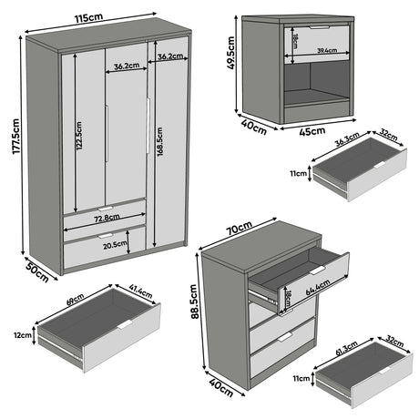 Skova 4 Piece Bedroom Set with wardrobe, chest of drawers and bedside tables in grey finish, shown with detailed dimensions for each unit.