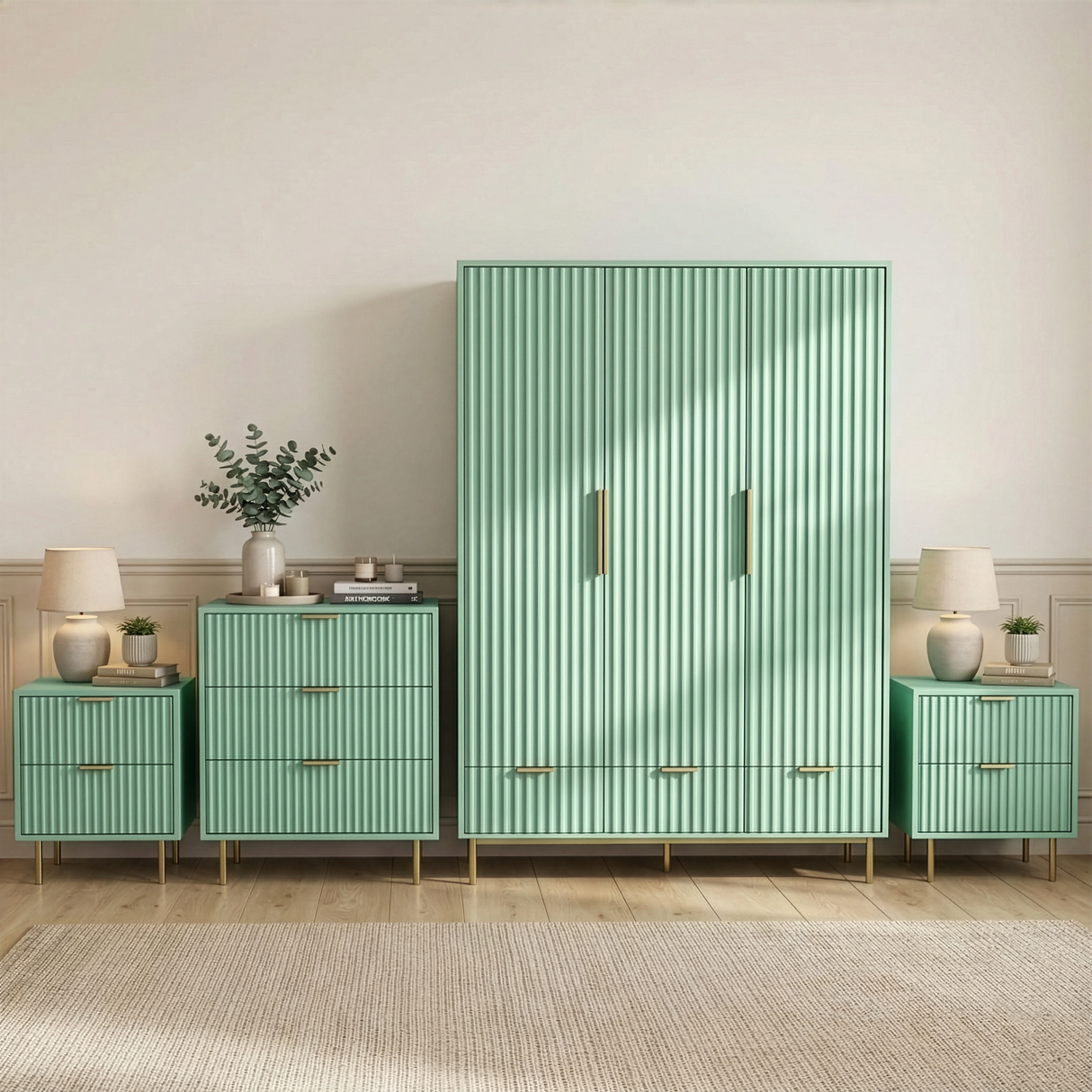 Four-piece bedroom furniture set, including a wardrobe, chest of drawers, and two bedside cabinets placed in a room