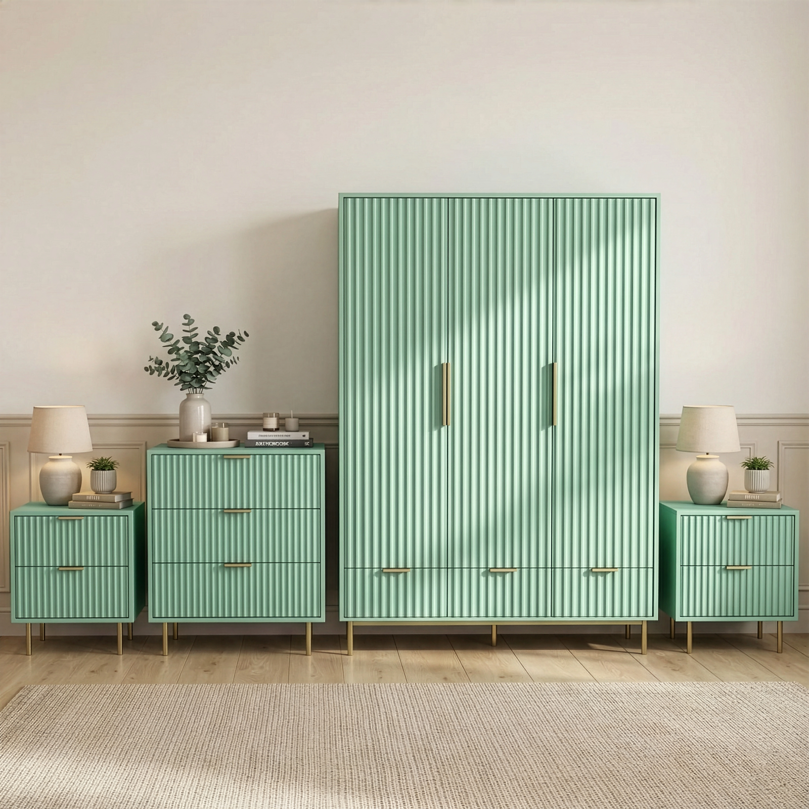 [Sage Green] Four-piece bedroom furniture set, including a wardrobe, chest of drawers, and two bedside cabinets placed in a room