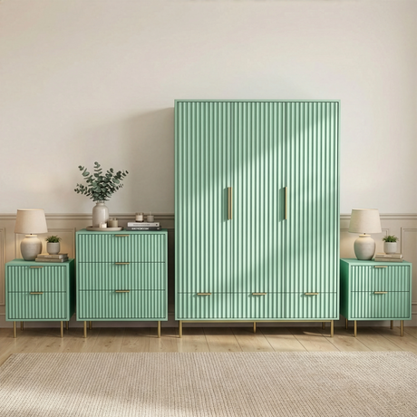 Four-piece bedroom furniture set, including a wardrobe, chest of drawers, and two bedside cabinets placed in a room