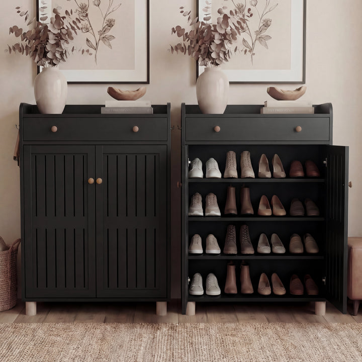 [Black] Black shoe storage cabinet shown with shelves rearranged so a lower compartment fits tall yellow boots