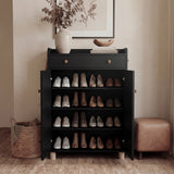 [Black] Black 4-tier shoe storage cabinet with both doors fully open showing four shelves of sneakers and heels