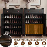 [Black] Pair view of the black shoe storage cabinet comparing the closed-door front and the doors-open interior