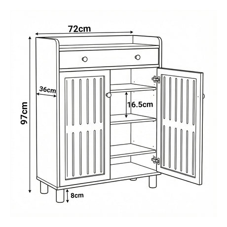 [Black] Black shoe storage cabinet dimensions diagram showing 72 cm width, 36 cm depth and 97 cm overall height