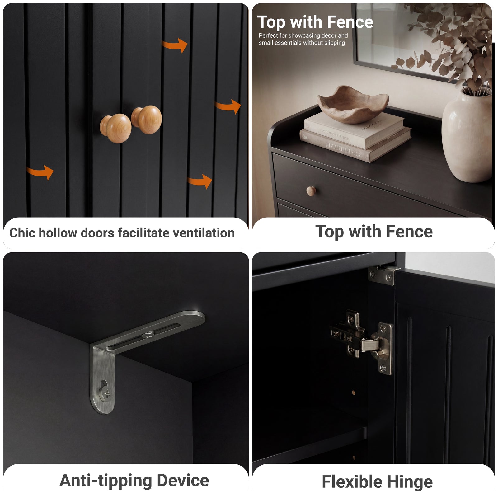[Black] Construction detail montage of the black shoe storage cabinet: door slats, fenced top, anti-tip bracket and hinge