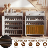 [Grey] Grey shoe storage cabinet with reconfigured shelves accommodating tall boots beside rows of regular footwear