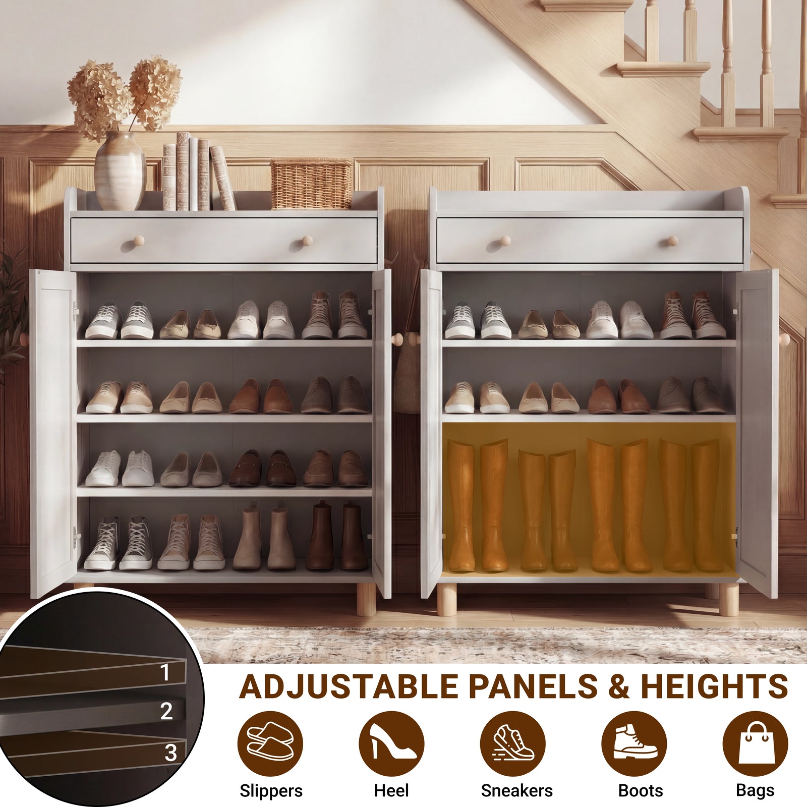 [Grey] Grey shoe storage cabinet with reconfigured shelves accommodating tall boots beside rows of regular footwear