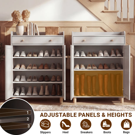 [Grey] Grey shoe storage cabinet with reconfigured shelves accommodating tall boots beside rows of regular footwear
