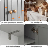[Grey] Four-panel feature view of the grey shoe storage cabinet covering hollow doors, top fence, anti-tip bracket and hinge