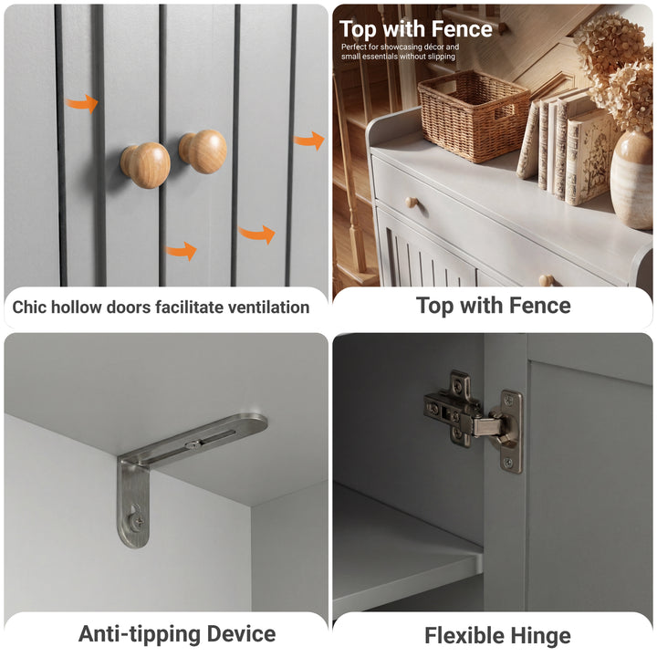 [Grey] Four-panel feature view of the grey shoe storage cabinet covering hollow doors, top fence, anti-tip bracket and hinge