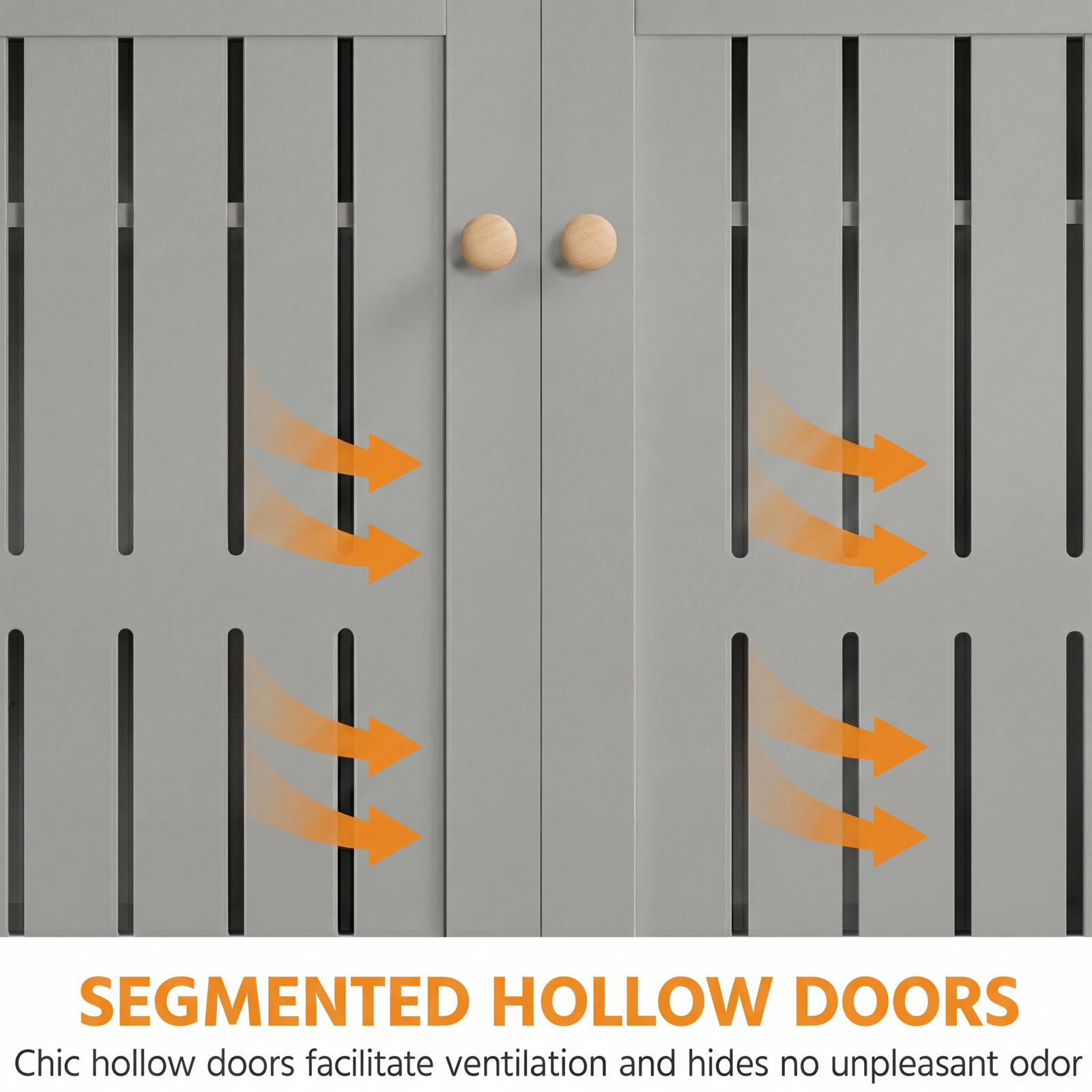 [Grey] Close-up of the grey shoe storage cabinet doors showing slatted hollow panels and round wooden knobs