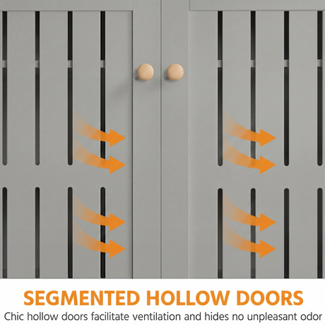 [Grey] Close-up of the grey shoe storage cabinet doors showing slatted hollow panels and round wooden knobs