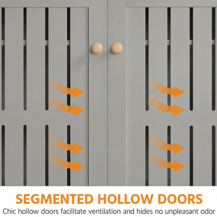 [Grey] Close-up of the grey shoe storage cabinet doors showing slatted hollow panels and round wooden knobs