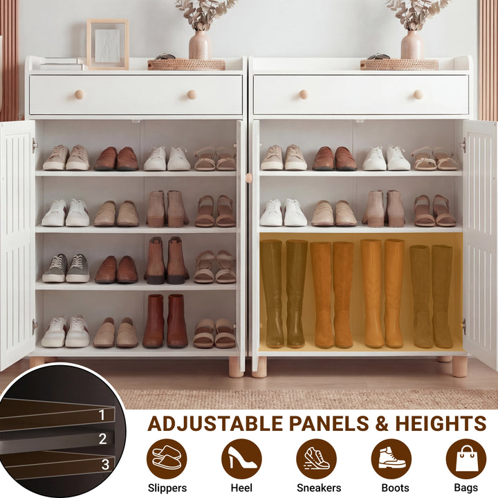 [White] White shoe storage cabinet shown with shelves rearranged so a lower compartment fits tall yellow boots