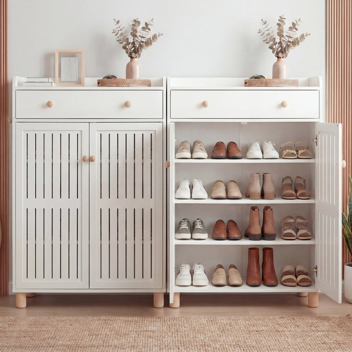 [White] Side-by-side white shoe storage cabinets demonstrating the closed-door look next to the open-shelf interior