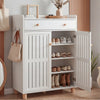 [White] White 4-tier shoe storage cabinet with right door open showing three shelves of shoes and a closed top drawer