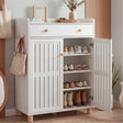 [White] White 4-tier shoe storage cabinet with right door open showing three shelves of shoes and a closed top drawer