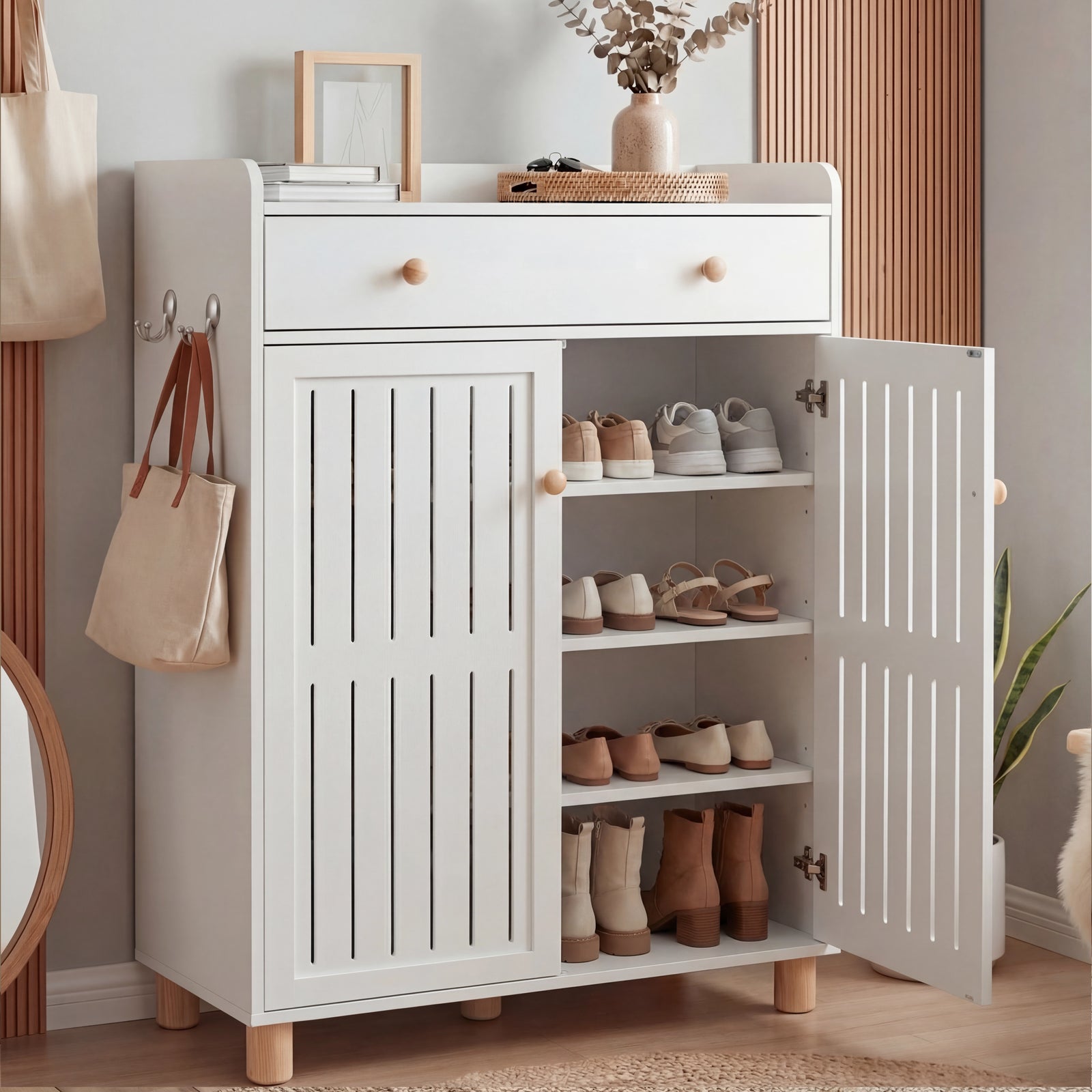 [White] White 4-tier shoe storage cabinet with right door open showing three shelves of shoes and a closed top drawer