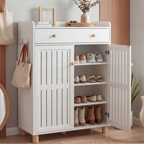 [White] White 4-tier shoe storage cabinet with right door open showing three shelves of shoes and a closed top drawer
